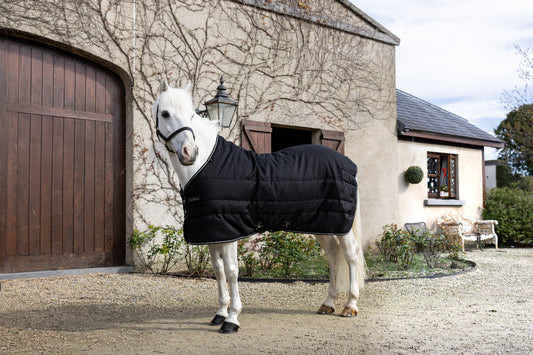 White pony wearing a black quilted Aloga Pony Stable blanket in front of a stable block.
